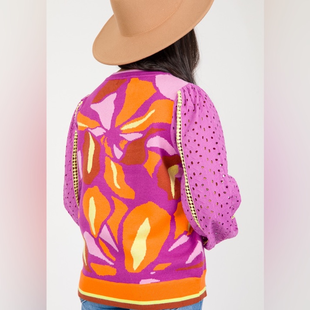NWT Fate Barbiecore Lace Eyelet Sleeves Abstract Pink & Orange Sweater - Medium - Picture 6 of 16